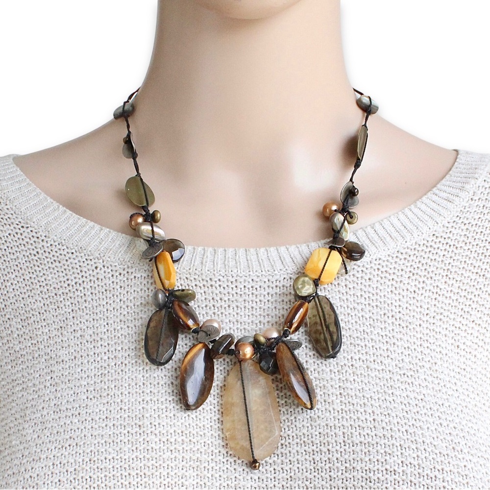 Silpada Gemstone Statement Necklace Tiger’s Eye Pearl Shell Sterling Silver